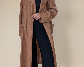 Gabardina de nailon vintage de los años 80, impermeable marrón metalizado con cinturón, prenda exterior larga con forro, prenda clásica retro, talla L-XL