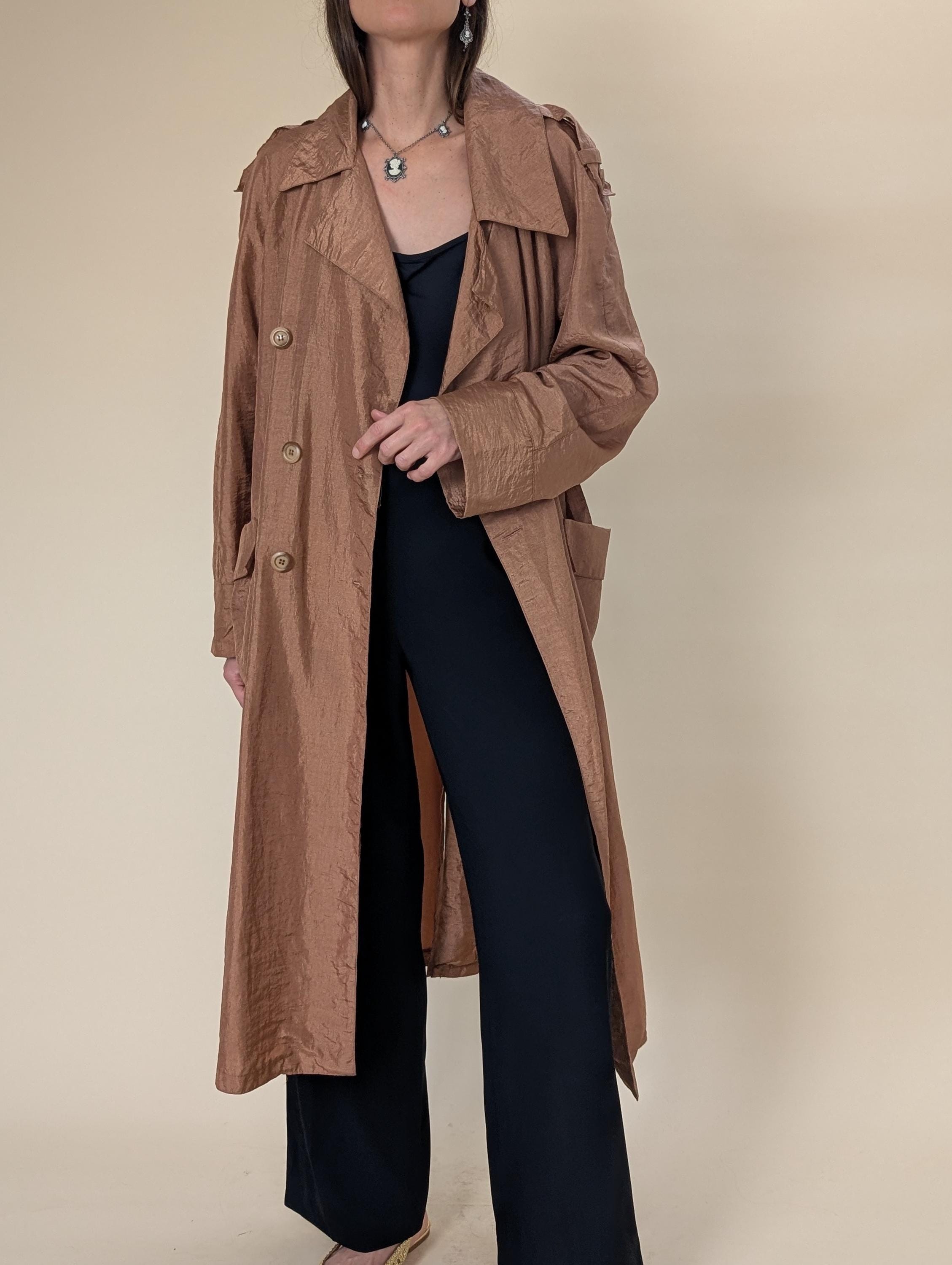 Nylon Trench Coat 1980s Vintage Belted Metallic Brown Raincoat