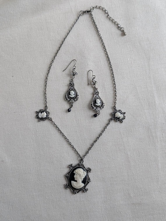 Vintage Resin Cameo Necklace and Earrings Set, 1990s Silver Tone Victorian Revival