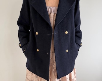 Wool Coat Women, Shoulder Pad Jacket, 80s 90s Minimalist Tailored Coat, Size M-L