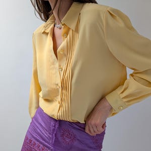 1980s Women&#39;s Yellow Blouse - Summer Button Up Long Sleeve Shirt, Lightweight & Stylish Top for Casual Wear