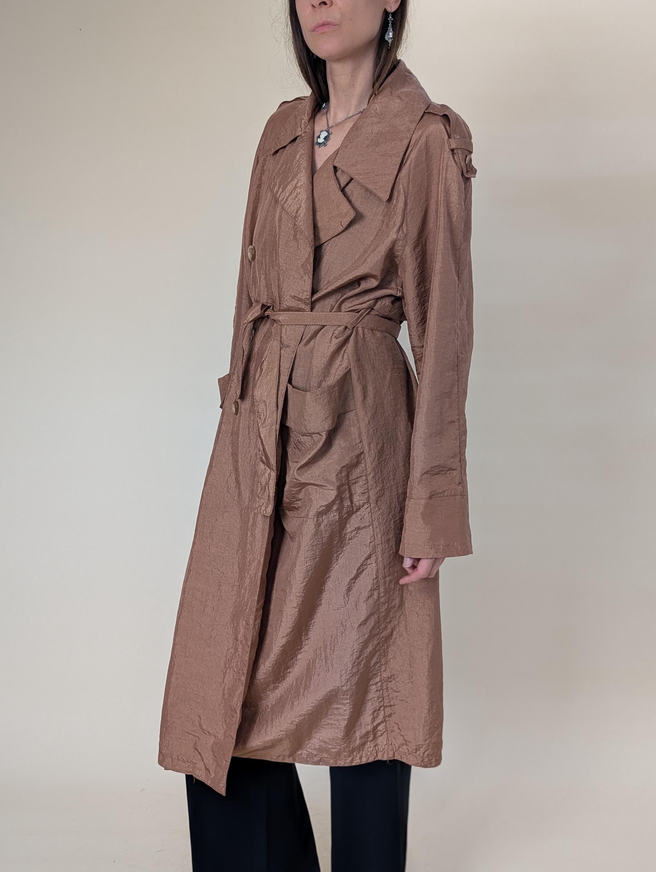 ジャケット・アウター vintage  trench coat dl Nylon Trench Coat 1980s Vintage Belted Metallic Brown Raincoat