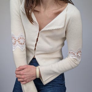 Women&#39;s Vintage 90s Cream Angora Wool Cardigan & Lace Sleeve Details for Cozy Chic Style