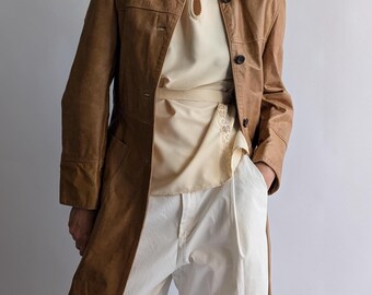 Tan Leather Trench Coat, 90s Mod A-Line Camel Leather Mac, Fitted Vintage, UK 12 | US 8 | EU 40
