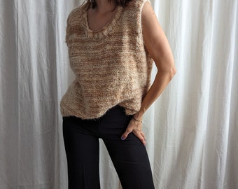 Vintage Oversized Beige Hand Knitted Waistcoat Sweater Vest