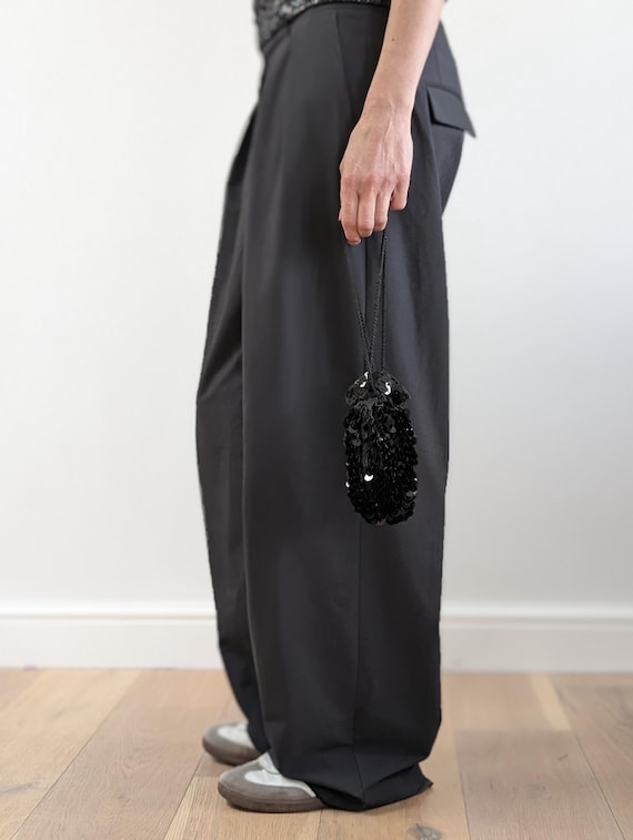 Black Sequin Pouch Evening Bag Drawstring Mini Sh… - image 4