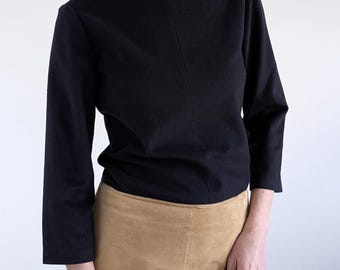 High Neck Top, Navy Wool Cashmere, Nicole Farhi Vintage Made in Italy, Size S–M