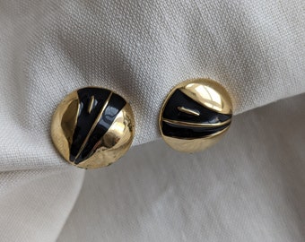 Gold Tone Round Clip-On Earrings - Modern Avant-Garde Design