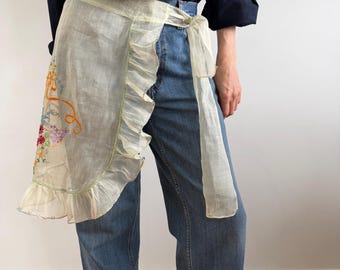 Antique Hand Embroidered Waist Apron, Sheer Ruffle Half Apron, Cottagecore Vintage