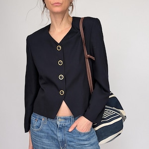 80s Navy Wool Cropped Blazer Collarless – Minimalist Vintage Button-Up Jacket