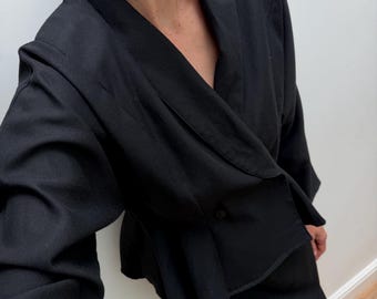 80s Black Peplum Blazer Skirt Suit Set, Wedding Guest Suit, Vintage Made in UK, uk 10 | eu 38 | us S