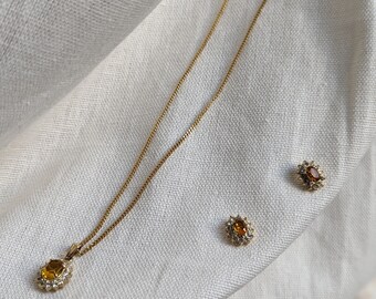 Vintage Flower Citrine and Zirconium Charm Gold Necklace and Earrings Set