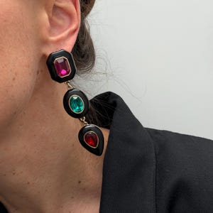 80s Vintage Black Enamel Statement Earrings, Multicolour Rhinestone Three Tier Drop Studs