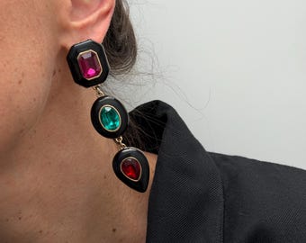 80s Vintage Black Enamel Statement Earrings, Multicolour Rhinestone Three Tier Drop Studs