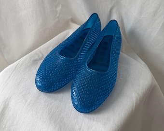 Blue Jelly Shoes, Vintage Made in Italy, Rubber Flats 90s Transparent Plastic Ballet Flats, EU 40-41 | UK 7-7.5 | US 9-10