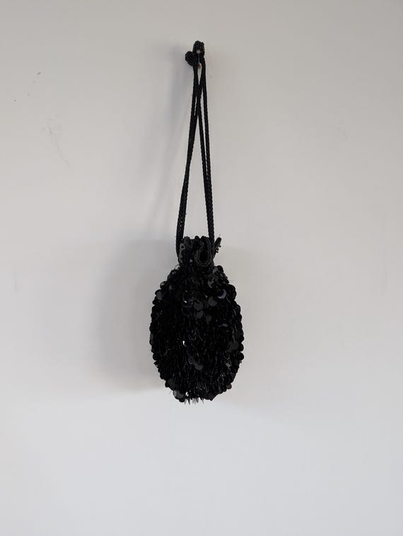 Black Sequin Pouch Evening Bag Drawstring Mini Sh… - image 5