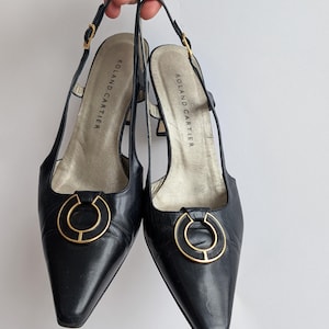 Vintage Leather Slingback Kitten Heels in Navy with Gold Buckle