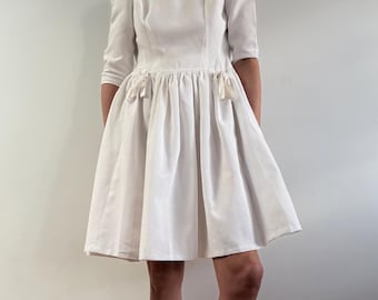 Short Wedding Dress, 1960s Handmade Vintage Cotton Silk Poplin Dress, Size XS-S
