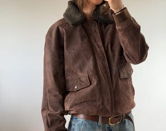 Brown Suede Leather Bomber Jacket, Shearling Collar, Y2K Aviator, Vintage Unisex, Size XL