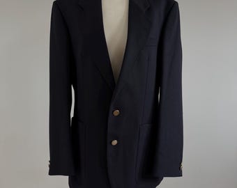 Navy Oversized Blazer, Wool Gold Button Jacket, Vintage Tailored, Size M-L
