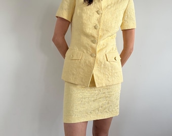 Yellow Skirt Suit Set, Vintage 90s, Textured Blazer Mini Skirt, Size S