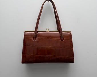Kiss Lock Purse, Vintage 60s 70s, Brown Croc Embossed Leather Top Handle Bag