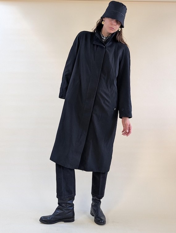 Long Black Trench Coat, Women Vintage Size M-L