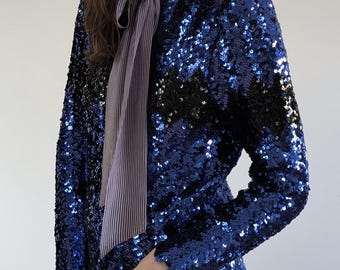 Blue Sequin Long Sleeve Top, 80s 90s Vintage Evening Party Blouse, Size S-M