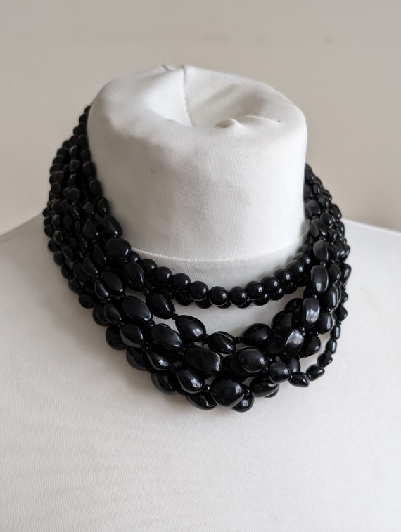 Vintage Black Bead Necklace Choker Multiple Stran… - image 6