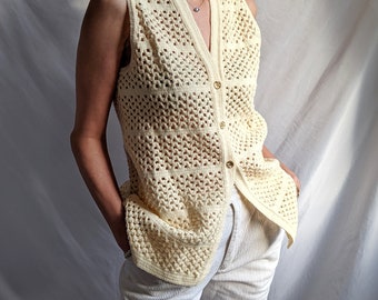 Women's Cream Knitted Buttond Up Vest Waistcoat With Gold Button