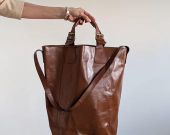 Leather Maxi Crossbody Tote Bag with Top Handle, Vintage Large Size
