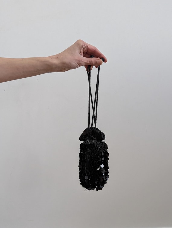 Black Sequin Pouch Evening Bag Drawstring Mini Sh… - image 1