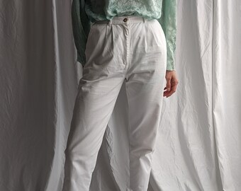 Vintage White Cotton High Waist Pleated Jeans Trousers