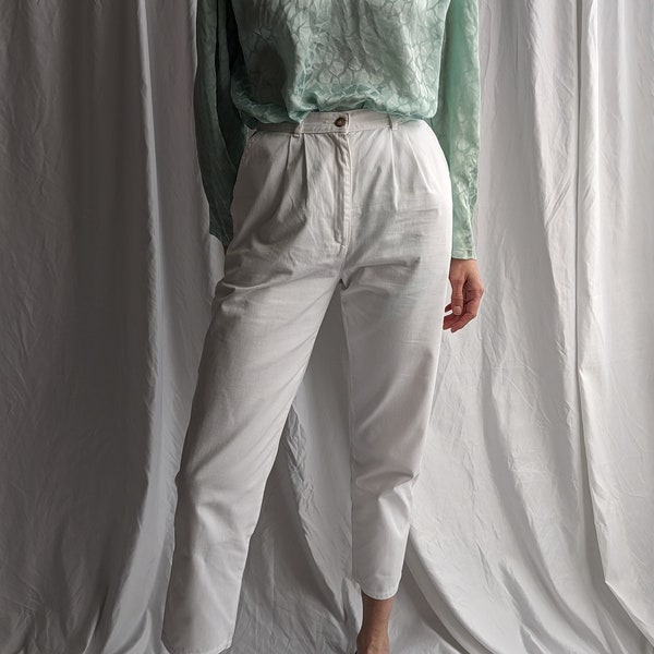 Vintage White Cotton High Waist Pleated Jeans Trousers