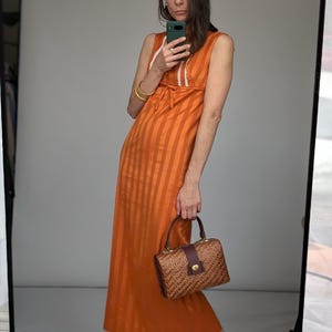Burnt Orange Long Striped Dress with Collar and White Lace Details