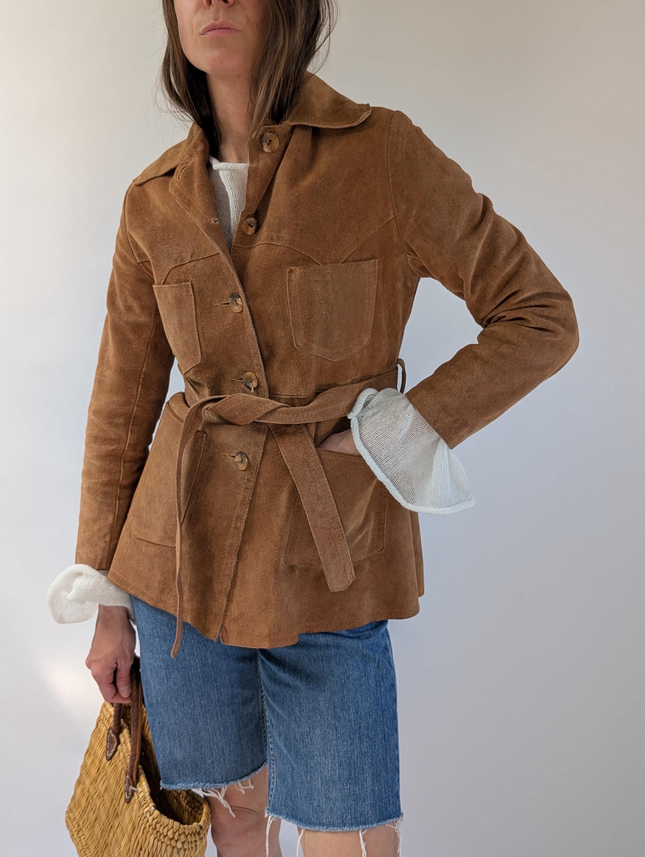 Vintage Suede Jacket Women | 70s Belted Brown Suede Coat