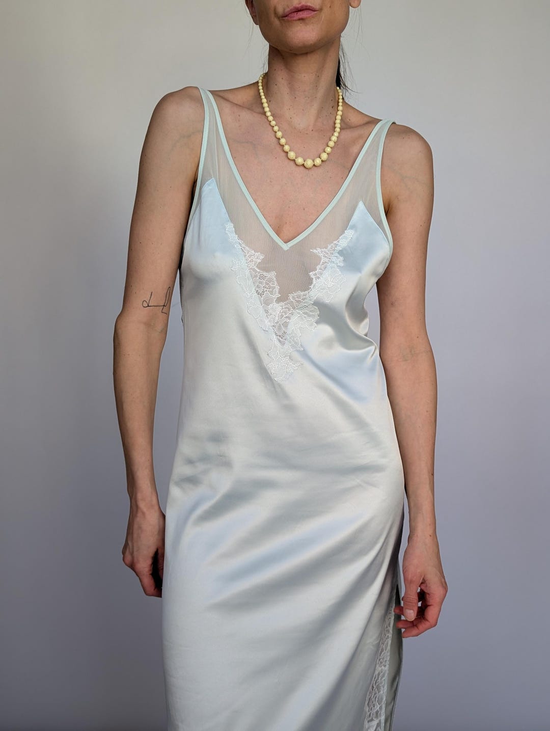 Mint green lace ice silk suspender nightgown