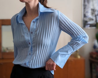 Elegant Retro Blue Sheer Blouse - Sophisticated Women's Style