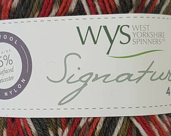West Yorkshire Spinners, Signature 4 Ply, 75/25 wool nylon blend, 437 yds, Holly Berry, Gingerbread, Fairy Lights, Silent Night, Candy Cane