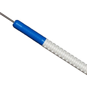 May include: A blue and white crochet hook with a metal hook and a textured grip.