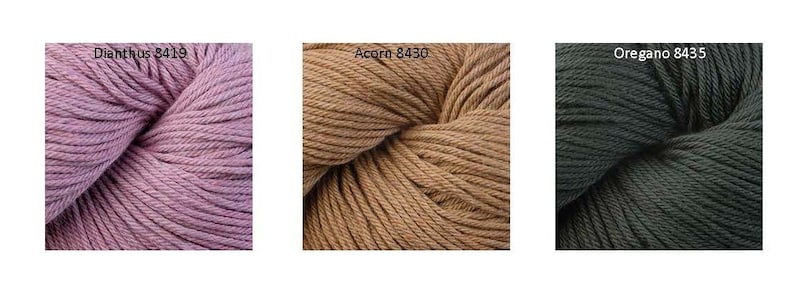 May include: Three skeins of yarn in different colors: a dusty rose color called "Dianthus 8419", a light brown color called "Acorn 8430", and a dark gray color called "Oregano 8435".