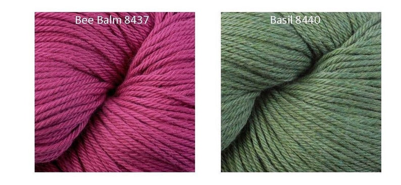 May include: Two skeins of cotton yarn, one in a deep pink shade called "Bee Balm 8437" and the other in a muted green shade called "Basil 8440".