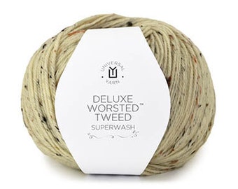 Universal Yarns Deluxe Worsted Superwash with a classic tweedy look. 90/7/3 blend of Superwash wool, acrylic and viscose, 218 yards