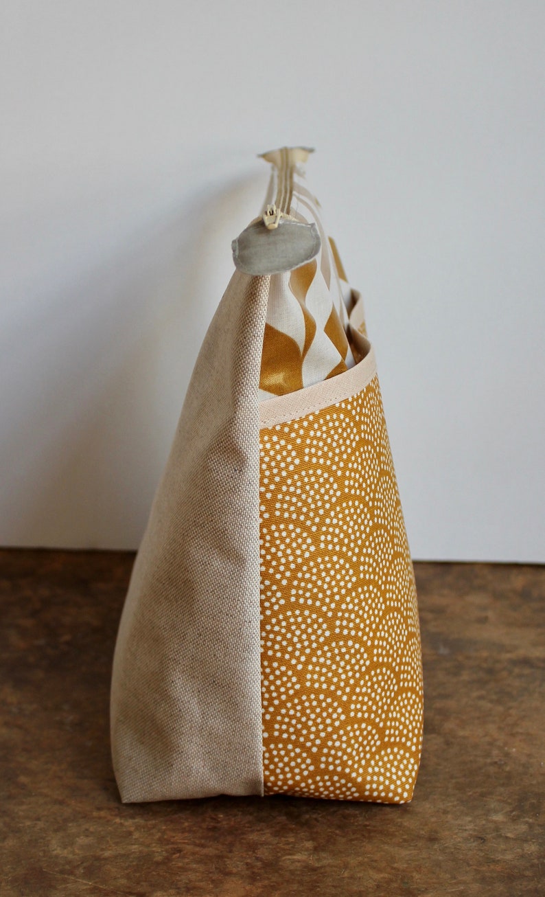 oilcloth cosmetic bag big, travel toiletry bag, make up, diaper bag, sun, waves, sand, yellow, washable image 3