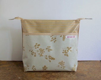 oilcloth cosmetic bag big, travel toiletry bag, make up, diaper bag, flowers, stripes, yellow, golden, washable ***