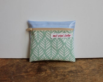 oilcloth, small mini bag, on the way, pocket size, wallet, medication, lipstick, tampons, leaves, stripes, green, blue, washable ***