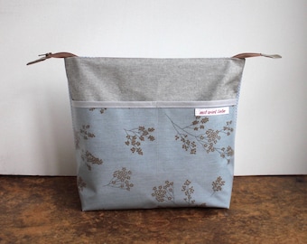 oilcloth cosmetic bag big, travel toiletry bag, make up, diaper bag, wet bag, boho flowers, dots, grey, blue, washable ***