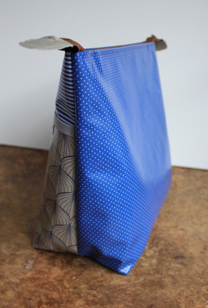 oilcloth cosmetic bag big, travel toiletry bag, wet bag, diaper bag, stripes, beige, blue, waves, washable image 4
