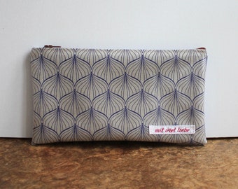 oilcloth bag, cosmetic bag small, make up holdall, pencil case, waves beige blue, washable ***