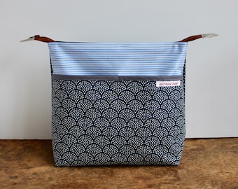 oilcloth cosmetic bag big, travel toiletry bag, make up, diaper bag, dots, stripes, midnight blue, waves, washable ***